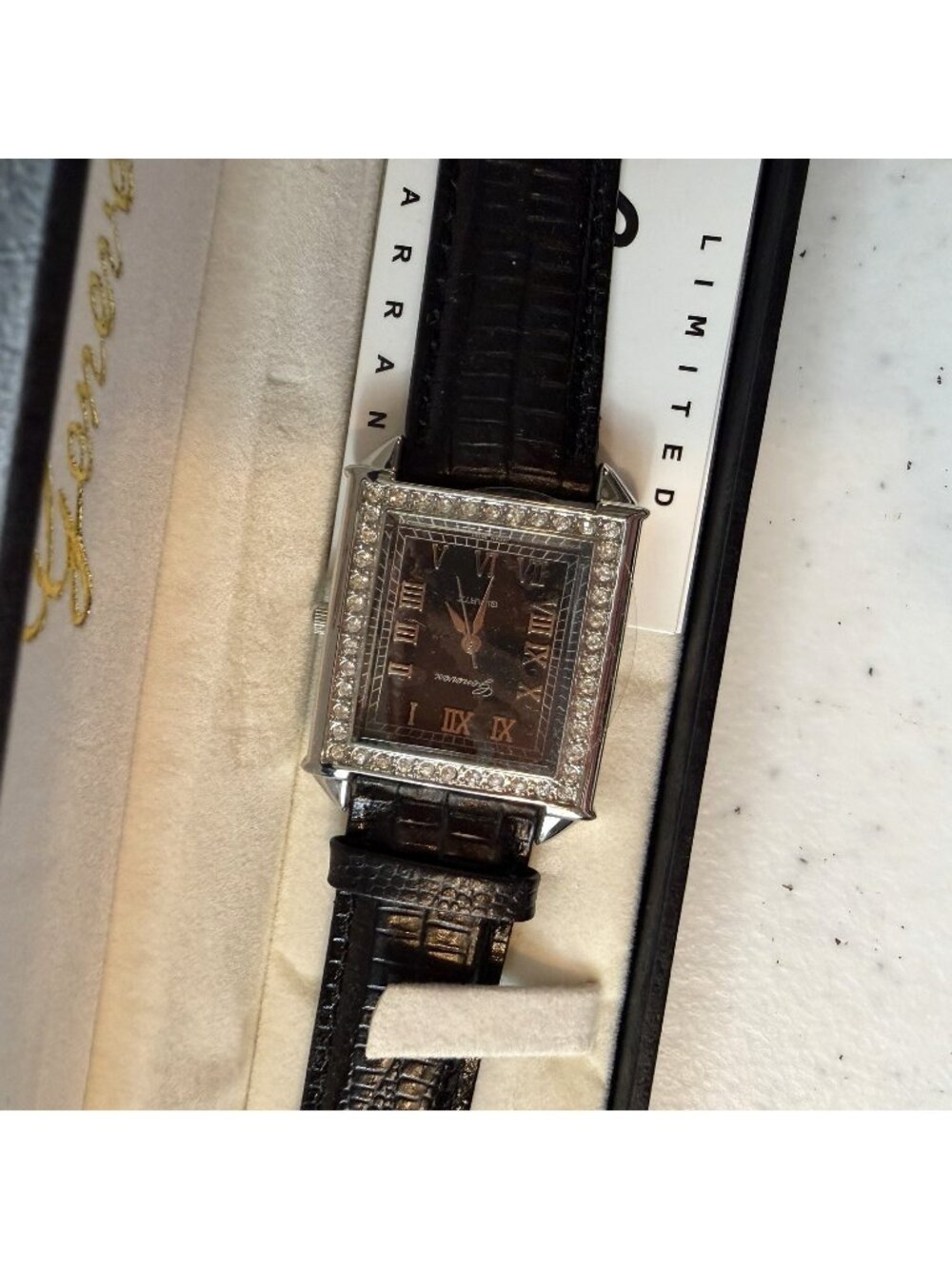 Genevex Quartz Brown Dial Silver Tone Square Case Crystal Accent Bezel Watch NOS